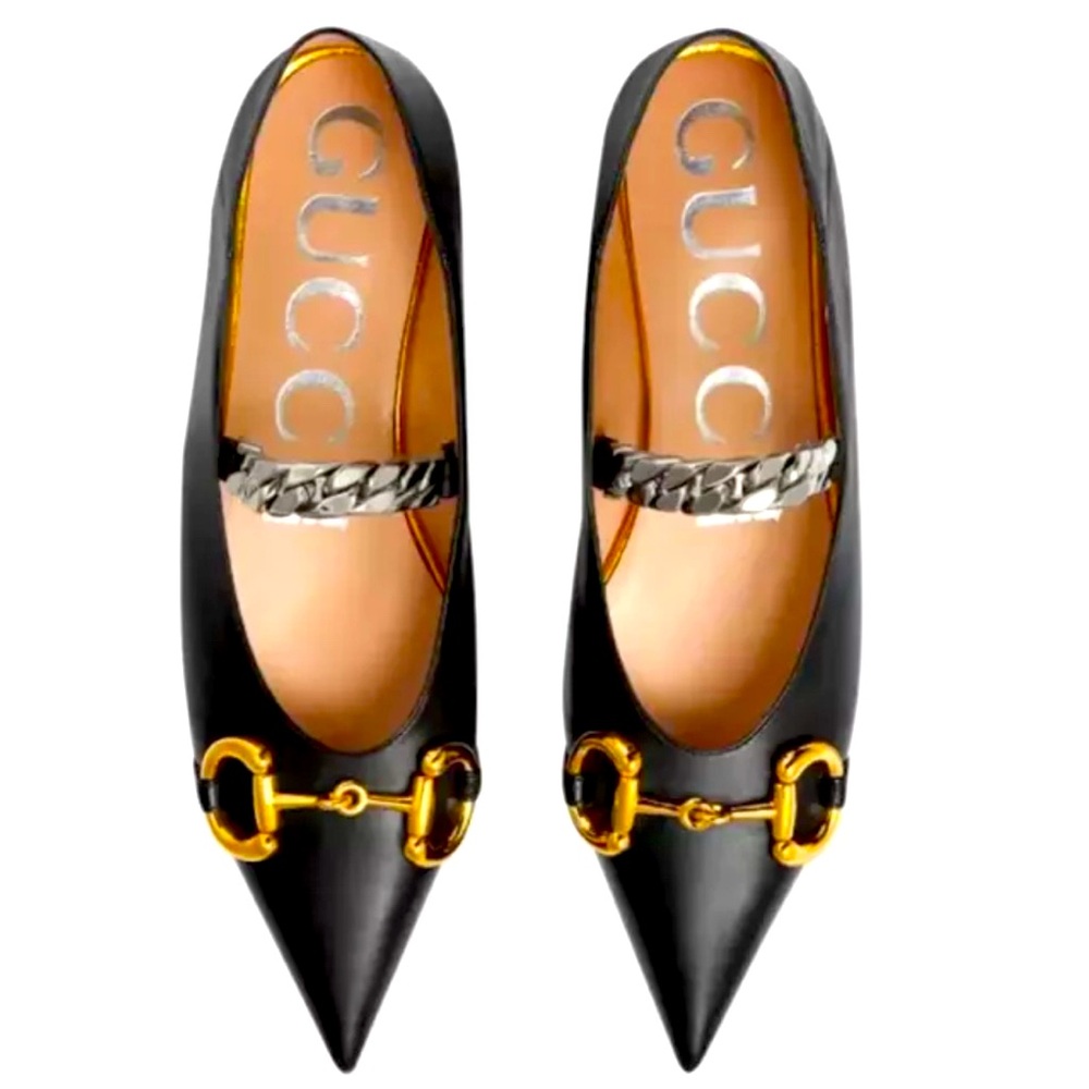 New Authentic Gucci Black Leather Horsebit Collapsable Ballet Flats US Size 5.5